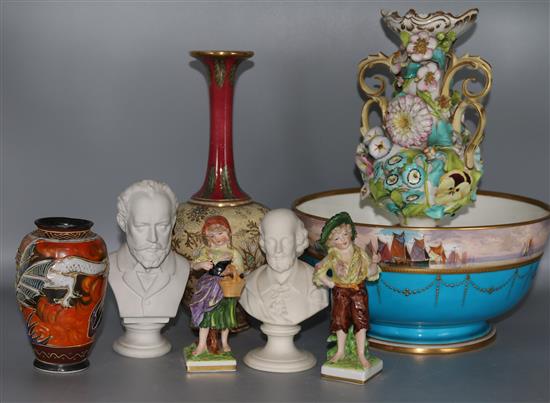 A Minton bowl, pair of figurines, flower encrusted vase (a/f) etc.